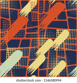 Seamless pattern. Skew brush strokes and elements of dots on the background consisting of different oblique cells.