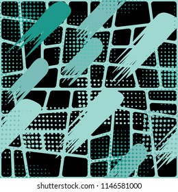 Seamless pattern. Skew brush strokes and elements of dots on the background consisting of different oblique cells.
