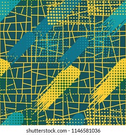 Seamless pattern. Skew brush strokes and elements of points on the background consisting of squares broken oblique lines into parts.