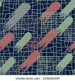 Seamless pattern. Skew brush strokes and elements of points on the background consisting of squares broken oblique lines into parts.