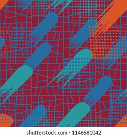 Seamless pattern. Skew brush strokes and elements of points on the background consisting of squares broken oblique lines into parts.