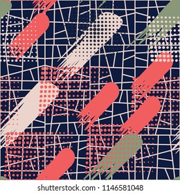 Seamless pattern. Skew brush strokes and elements of points on the background consisting of squares broken oblique lines into parts.