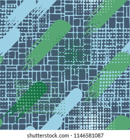 Seamless pattern. Skew brush strokes and elements of dots on the background consisting of a network consisting of a variety of small cells.
