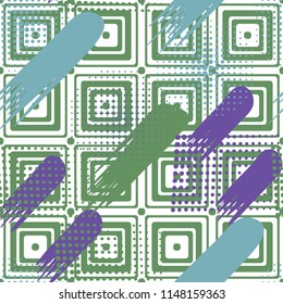 Seamless pattern. Skew brush strokes and elements of dots on the background consisting of concentric rounded squares.