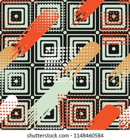 Seamless pattern. Skew brush strokes and elements of dots on the background consisting of concentric rounded squares.
