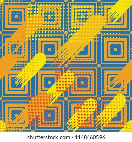 Seamless pattern. Skew brush strokes and elements of dots on the background consisting of concentric rounded squares.