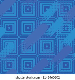 Seamless pattern. Skew brush strokes and elements of dots on the background consisting of concentric rounded squares.