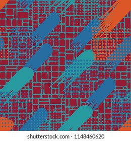 Seamless pattern. Skew brush strokes and elements of dots on the background consisting of a network consisting of a variety of small cells.