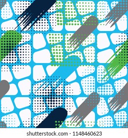 Seamless pattern. Skew brush strokes and elements of dots on the background consisting of squares separated by oblique crosses..