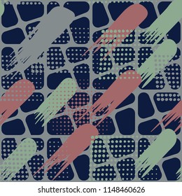 Seamless pattern. Skew brush strokes and elements of dots on the background consisting of squares separated by oblique crosses..