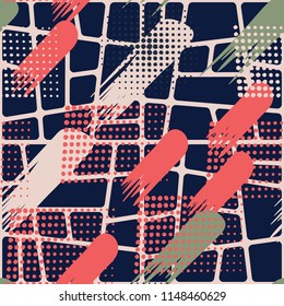 Seamless pattern. Skew brush strokes and elements of dots on the background consisting of different oblique cells.