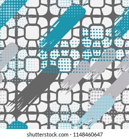 Seamless pattern. Skew brush strokes and elements of dots on the background consisting of rounded rectangles, each of which is divided into different cells.
