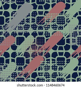 Seamless pattern. Skew brush strokes and elements of dots on the background consisting of rounded rectangles, each of which is divided into different cells.