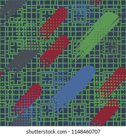 Seamless pattern. Skew brush strokes and elements of dots on the background consisting of a different rectangle forming a network.