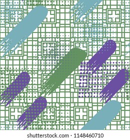 Seamless pattern. Skew brush strokes and elements of dots on the background consisting of a different rectangle forming a network.
