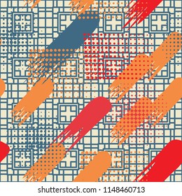 Seamless pattern. Skew brush strokes and elements of dots on the background consisting of a different rectangle forming a network.
