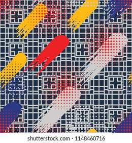 Seamless pattern. Skew brush strokes and elements of dots on the background consisting of a different rectangle forming a network.
