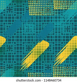 Seamless pattern. Skew brush strokes and elements of dots on the background consisting of a different rectangle forming a network.