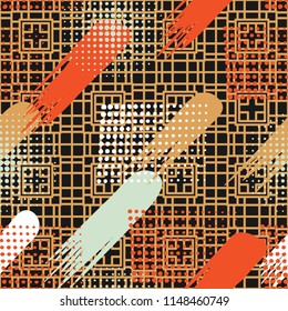 Seamless pattern. Skew brush strokes and elements of dots on the background consisting of a different rectangle forming a network.