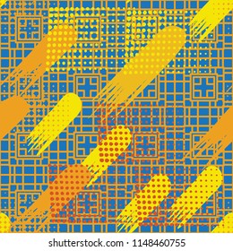 Seamless pattern. Skew brush strokes and elements of dots on the background consisting of a different rectangle forming a network.