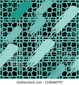 Seamless pattern. Skew brush strokes and elements of dots on the background consisting of a network made up of a variety of elements.