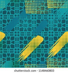 Seamless pattern. Skew brush strokes and elements of dots on the background consisting of a network made up of a variety of elements.