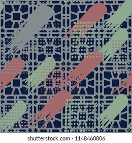 Seamless pattern. Skew brush strokes and elements of dots on the background consisting of a network made up of a variety of elements.