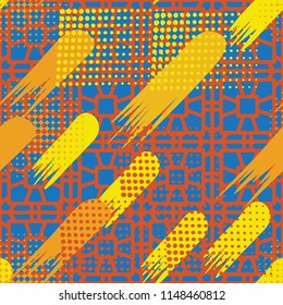 Seamless pattern. Skew brush strokes and elements of dots on the background consisting of a network made up of a variety of elements.