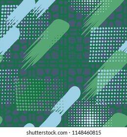 Seamless pattern. Skew brush strokes and elements of dots on the background consisting of a network made up of a variety of elements.