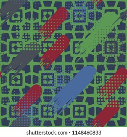 Seamless pattern. Skew brush strokes and dots on the background consisting of a mesh network with the included hearts.