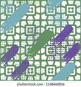 Seamless pattern. Skew brush strokes and dots on the background consisting of a mesh network with the included hearts.