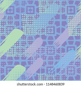 Seamless pattern. Skew brush strokes and dots on the background consisting of a mesh network with the included hearts.