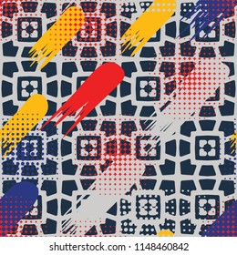 Seamless pattern. Skew brush strokes and dots on the background consisting of a mesh network with the included hearts.