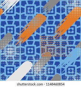 Seamless pattern. Skew brush strokes and dots on the background consisting of a mesh network with the included hearts.