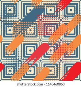 Seamless pattern. Skew brush strokes and elements of dots on the background consisting of concentric rounded squares.