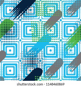Seamless pattern. Skew brush strokes and elements of dots on the background consisting of concentric rounded squares.