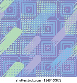 Seamless pattern. Skew brush strokes and elements of dots on the background consisting of concentric rounded squares.