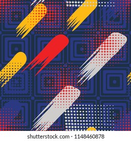 Seamless pattern. Skew brush strokes and elements of dots on the background consisting of concentric rounded squares.