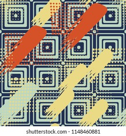 Seamless pattern. Skew brush strokes and elements of dots on the background consisting of concentric rounded squares.