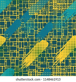 Seamless pattern. Skew brush strokes and elements of dots on the background consisting of a network consisting of a variety of small cells.