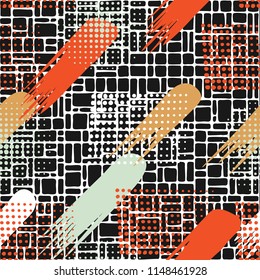 Seamless pattern. Skew brush strokes and elements of dots on the background consisting of a network consisting of a variety of small cells.