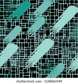 Seamless pattern. Skew brush strokes and elements of dots on the background consisting of a network consisting of a variety of small cells.
