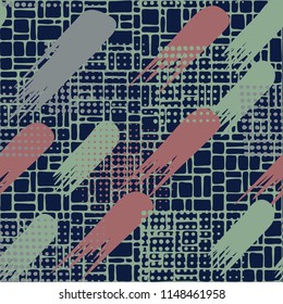 Seamless pattern. Skew brush strokes and elements of dots on the background consisting of a network consisting of a variety of small cells.