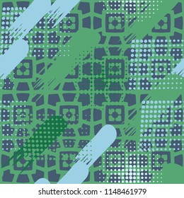 Seamless pattern. Skew brush strokes and dots on the background consisting of a mesh network with the included hearts.