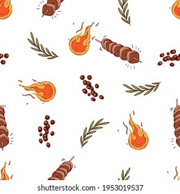seamless pattern of skewered pieces of meat roasted and herb with doodle style