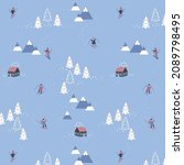 Seamless pattern of ski mountain with skiiers and little cabins. Holiday, winter and Christmas themed pattern