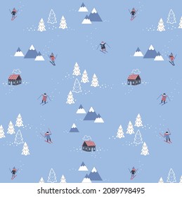 Seamless pattern of ski mountain with skiiers and little cabins. Holiday, winter and Christmas themed pattern