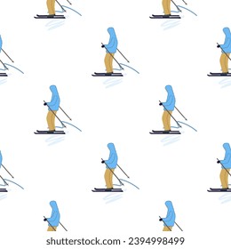 Seamless pattern of skiers in action on a white background, capturing the dynamic essence of skiing.
