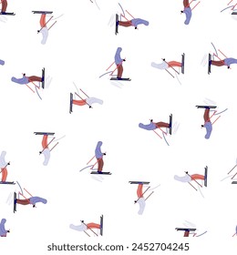 Seamless pattern of skiers in action on a white background, capturing the dynamic essence of skiing.