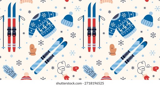 Patrón sin fisuras con equipo de esquí y ropa para el deporte invernal, la actividad al aire libre y el Ocio de temporada. Ilustración vectorial de moda en un fondo claro, dibujado a mano, diseño plano